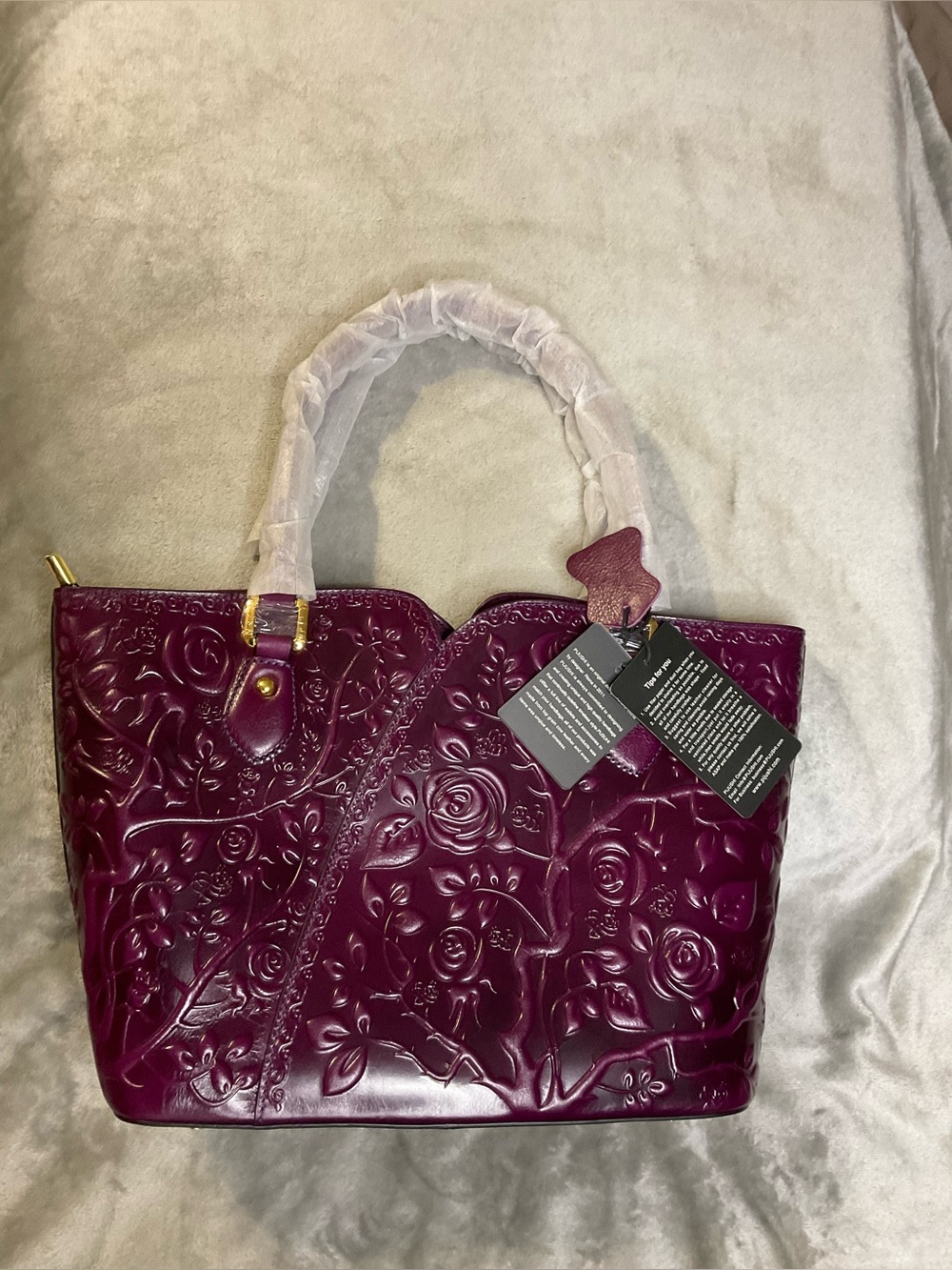 NWT PIJUSHI Purple 3D Rose Embossed Leather Handbag & Matching Wristlet Wallet